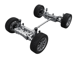 A pair of car axles with universal joints, isolated on a white background.