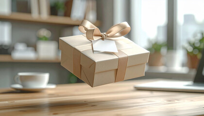 Floating gift box with ribbon and tag over a wooden desk