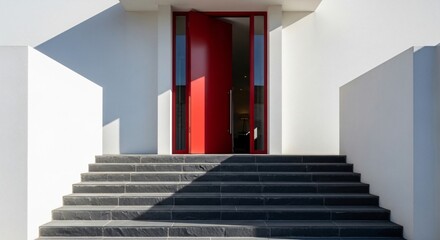 Modern Home Entrance with Striking Red Door and Stone Steps