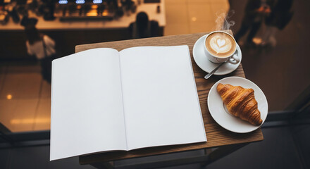 Blank open book with coffee and croissant on table in cafe