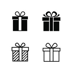 Collection of diverse gift box icons, showcasing various styles from solid filled to outlined and patterned designs, perfect for symbolizing presents, celebrations, and special occasion surprises