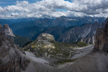 Beautiful sunny day in Dolomites mountains. View on Tre Cime di Lavaredo
