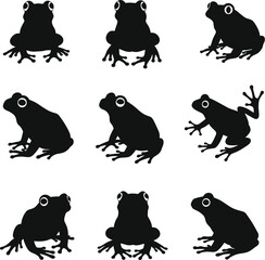 Collection of Playful Frog Silhouettes in Various Poses, Perfect for Nature, Wildlife, and Amphibian Themed Designs and Illustrations.