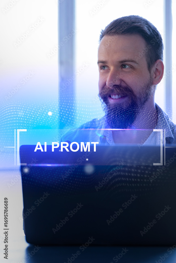 Poster professional man focused on computer screen while exploring artificial intelligence technologies ind