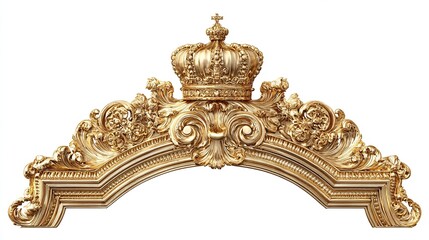 Ornate gold arched frame topped with a regal crown; intricate detailing, scrolling acanthus leaves, and a cross-topped crown