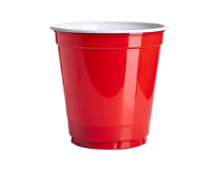 A bright red plastic cup, isolated on a white background, drinkware.