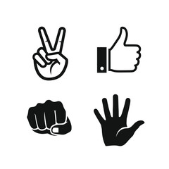 Collection of four hand gesture icons, including victory sign, thumb up, fist, and open hand, isolated on a white background