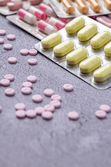 Variety of medicines and drugs.Medicine and healthcare concept.Variety of medicines and drugs.Medicine and healthcare concept.Pill for the prescription and treatment various diseases chemistry