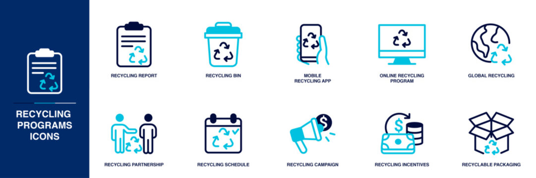 Recycling Programs Blue Colored Outline Icon Set