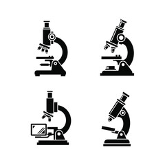 A versatile set of four black microscope silhouettes, vector icons for scientific research, education, and the exploration of a microscopic world