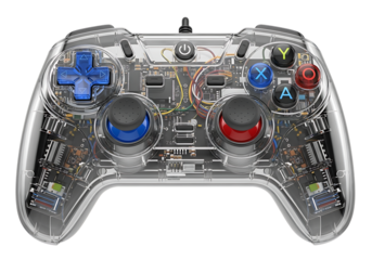 Transparent gamepad with visible internal components for gaming enthusiasts and developers