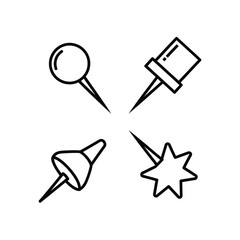 Diverse outline pushpin and thumbtack icons collection, essential office stationery for organizing documents, ideas, and reminders on bulletin boards or creative projects with a minimalist design