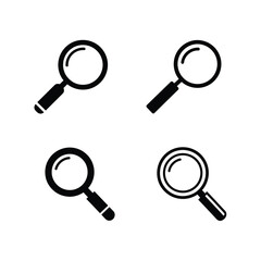 A versatile collection of four black and white magnifying glass icons, perfect for web design, search bars, and user interface elements