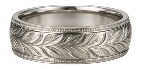Platinum wedding band with engraved leaves
