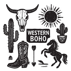 Linocut western boho set vector