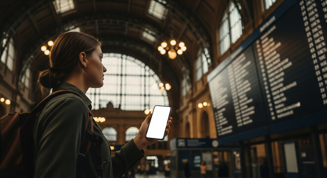 Woman checking phone at train station departure board, blank smartphone screen mockup