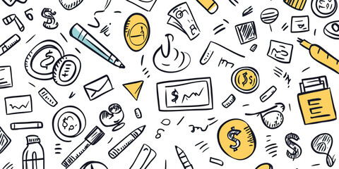 Hand drawn business and finance doodle pattern with money coins charts pens envelopes and documents in minimalist vector style seamless background design for investment and office concepts