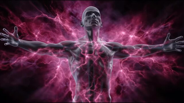 Muscular Human Figure Embracing Vibrant Pink and Purple Lightning Energy in Dynamic Pose