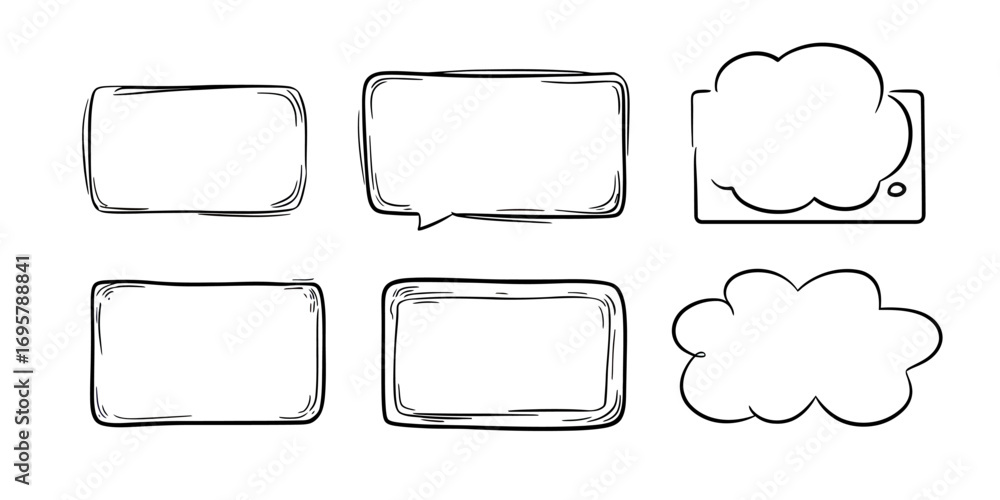 Poster hand drawn doodle style sketch set of six speech bubbles with rectangular and cloud shapes in black 