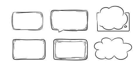 Hand drawn doodle style sketch set of six speech bubbles with rectangular and cloud shapes in black outline on white background vector illustration