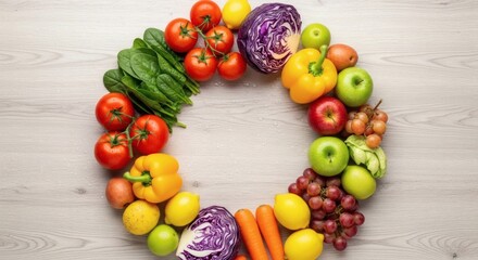 Vibrant Circle Of Fresh Fruits And Vegetables On Neutral Background