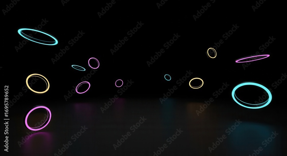 Aufkleber floating neon circles of vibrant colors dance across a dark, reflective surface, creating a dynamic 