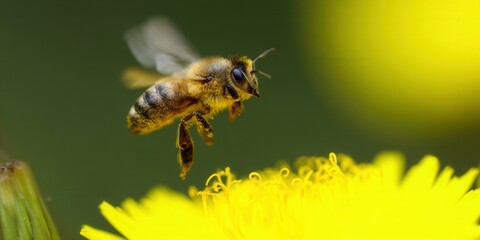 A honeybee in mid-flight approaches a vibrant yellow flower, focusing on pollination.