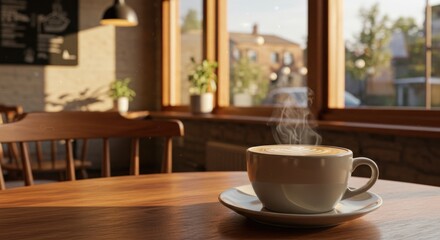 Obraz premium Steaming latte in a white cup set on a saucer sits on a wooden table A cafe setting with windows and blurred outdoor view