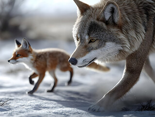 Fototapeta premium Wolf And Fox Running In Snowy Landscape
