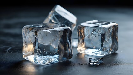 Ice cubes on dark surface melting refreshment coldness frozen water crystal clear cool background with condensation and frostiness details