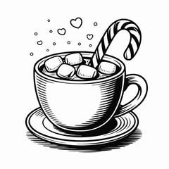 Hand drawn illustration of hot chocolate with marshmallows and candy cane