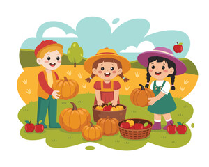 Obraz premium Happy children harvesting pumpkins and apples in a sunny autumn orchard