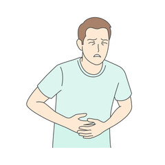 Illustration of a distressed man holding his abdomen, reflecting a feeling of discomfort or pain