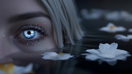 Woman's blue eye amid white flowers floating, beauty concept, sadness, and dreamlike mood. For meditation content, mental health awareness, artistic projects, and melancholic themes.