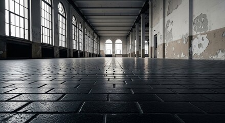 Vast Empty Industrial Hall with Large Windows and Brick Floor