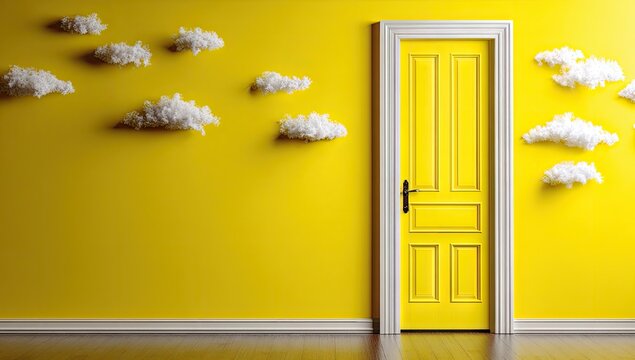Yellow room with clouds and a door