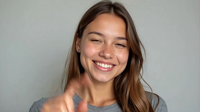 Confident teenage girl smiles and points at camera, expressing empowerment, assertiveness, and engagement in a modern studio setting, 4k video footage
