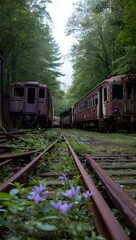 Fototapeta premium Derelict trains overgrown tracks nature reclaiming rusted abandoned railway beauty
