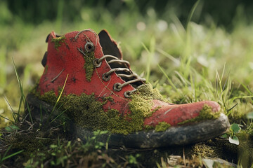 Red boot overgrown with moss, a symbiosis of nature and forgotten footwear