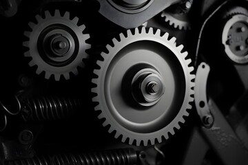 Mechanical gears and springs in monochrome detail showcasing intricate engineering design