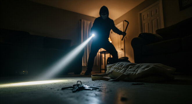 Masked intruder with flashlight and crowbar in dark living room at night, keys and tote bag on floor in foreground