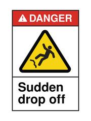 Danger Sign – Sudden Drop Off  High-Impact Safety Alert with Falling Person Graphic  Red and Yellow Hazard Signage for Cliffs, Construction Zones, and Public Infrastructure