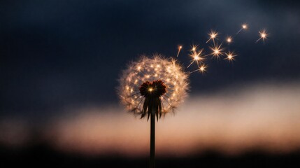Obraz premium Magical dandelion with sparkling seeds flying against a twilight sky