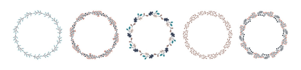 Winter floral frames set with leaves, branches, fir spurces, berries. Botanical forest border collection. Vector illustration for invitations, cards, woodland decor.
