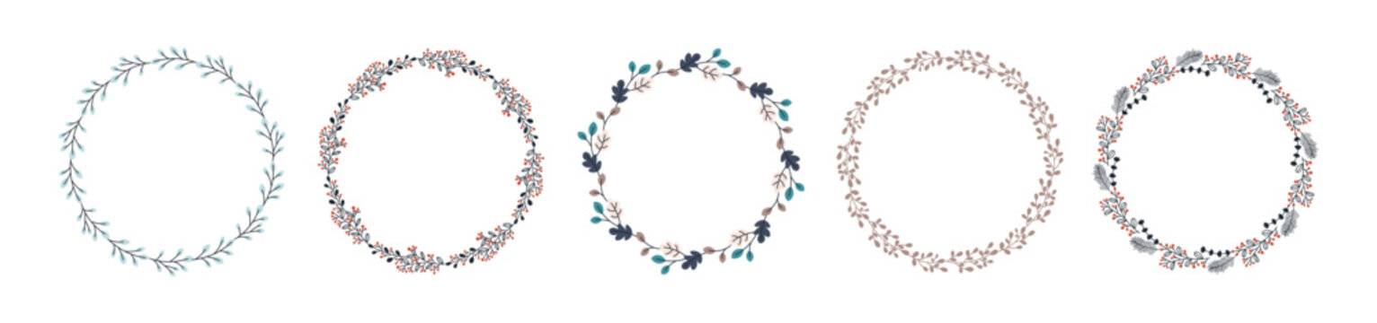 Winter floral frames set with leaves, branches, fir spurces, berries. Botanical forest border collection. Vector illustration for invitations, cards, woodland decor.
