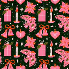 Merry Christmas vector seamless pattern with groovy funky cartoon retro illustration of bauble, festive ornaments, mistletoe , bells, gift box, xmas holiday present, decor elements for design