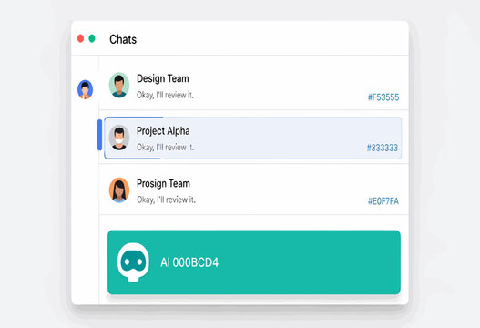 User interface design of a modern chat application featuring an AI assistant for team collaboration and project communication