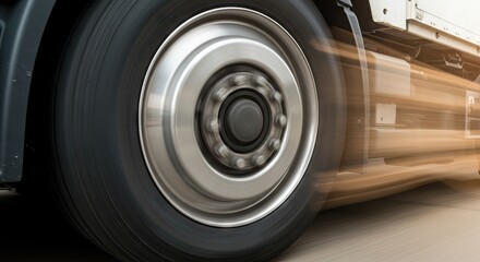 A truck wheel in motion shows a circular blur indicating speed