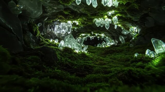 Close-up of vitreous crystal formations set in bright green moss and textured stone background, concept of natural micro-landscape and mineral beauty