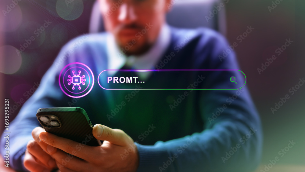 Poster person using smartphone to search for prompts while sitting at a desk in a modern office setting